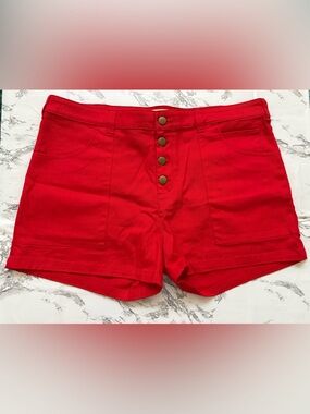 Modcloth Red Button-Front High-Rise Jean Shorts